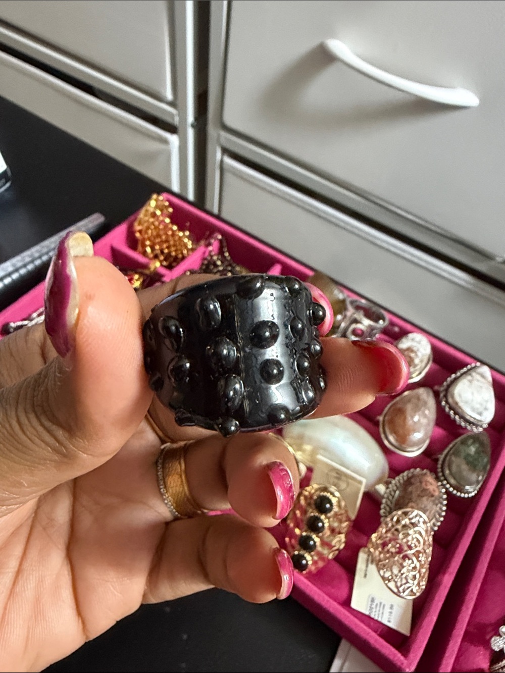 Black Beaded Statement Ring - Women Jewelry